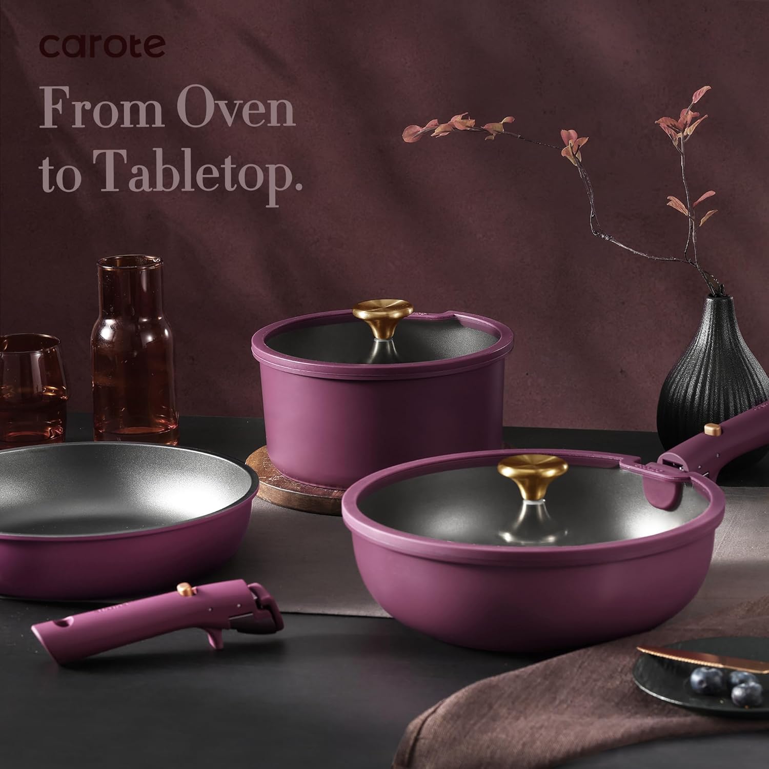 CAROTE 21pcs Pots and Pans Set Non Stick, Detachable Handle Cookware Sets | Ultra Nonstick, Space Saving, Dishwasher & Oven Safe, Non-Toxic Kitchen/Apartment/Camping/RV/ Traveling, Purple